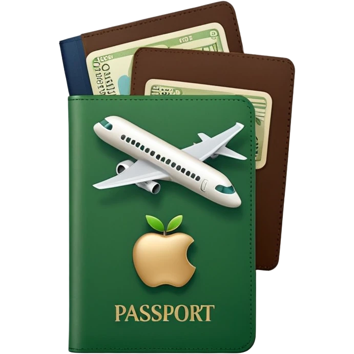 passport with airplane tickets sticking out, Apple emoji style, colors #173e12 and #c1a793, no text, simple shapes, minimalist emoji