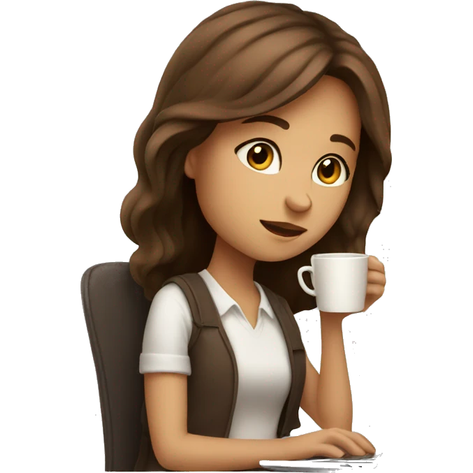 cute girl with brown hair working on laptop and drinking coffee emoji