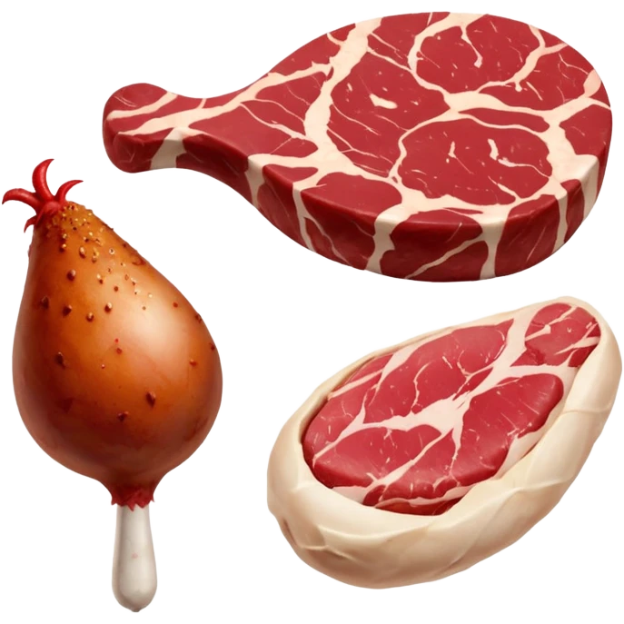 A raw red steak with visible marbling placed next to a small chicken drumstick. emoji