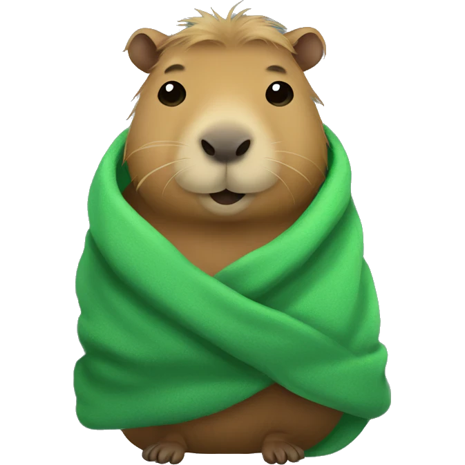 capybara with a green fluffy blanket wrapped around him emoji