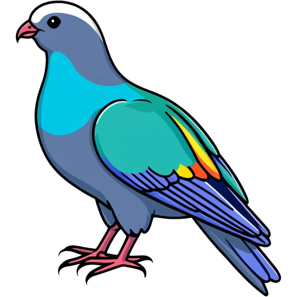Nicobar pigeon with colorful iridescent plumage, distinctive long neck feathers, and white tail emoji