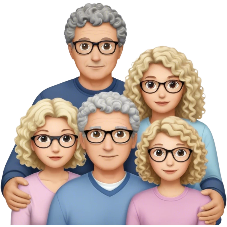 A white family that consists of a 55 years old dad with black and grey hair, a 53 years old mom with glasses that has blonde curly hair, a 26 years old daughter that has curly brown hair and a 20 years old daughter that has brown hair with blonde highlights emoji