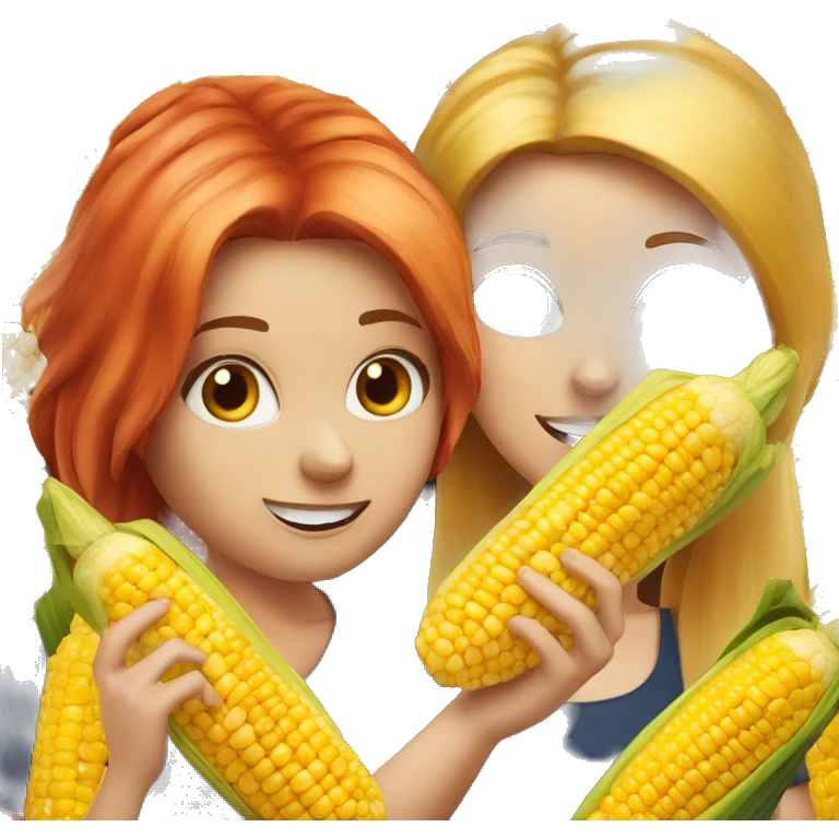 Red head best friend and blonde best friend eating corn emoji
