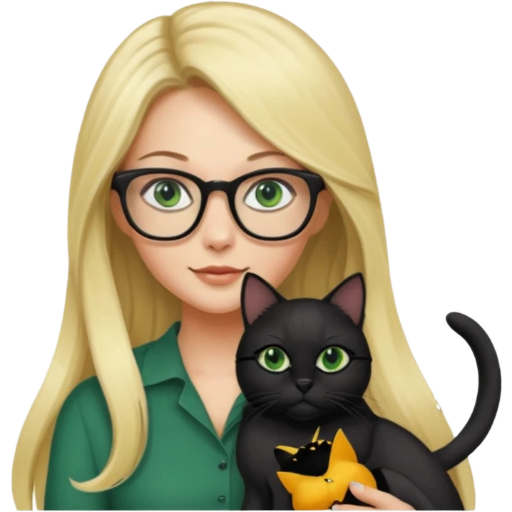 A beautiful blonde with long hair and glasses holding a black cat with green eyes  emoji