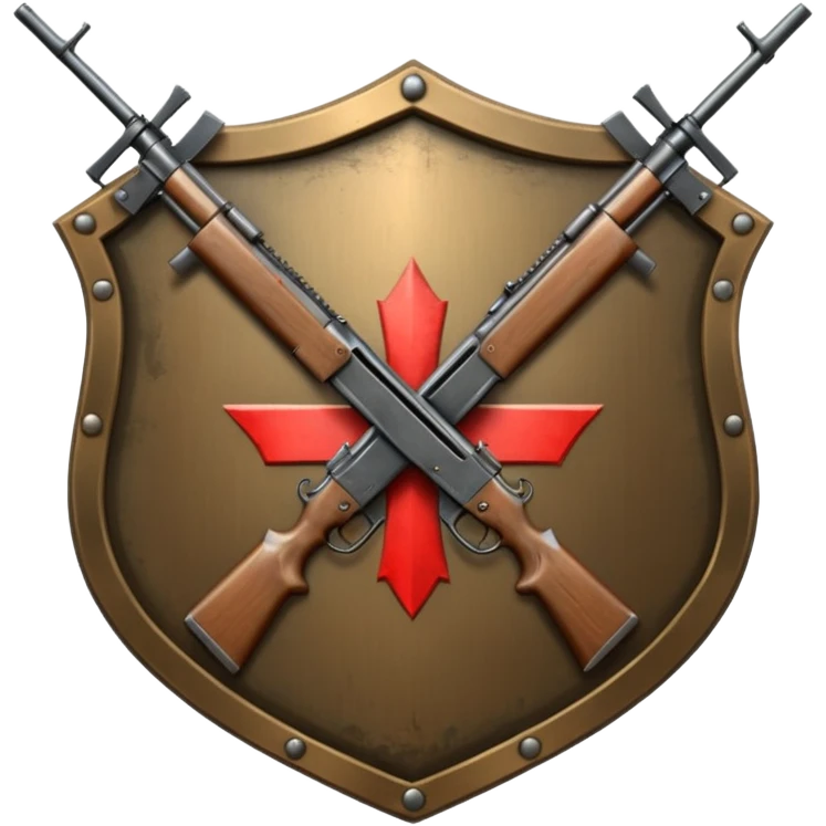 Insignia militar realista para videojuegos de guerra (estilo Battlefield), forma de escudo metálico con bordes desgastados. Incluye:

Símbolo: [fusiles cruzados / águila / estrellas / espada] emoji