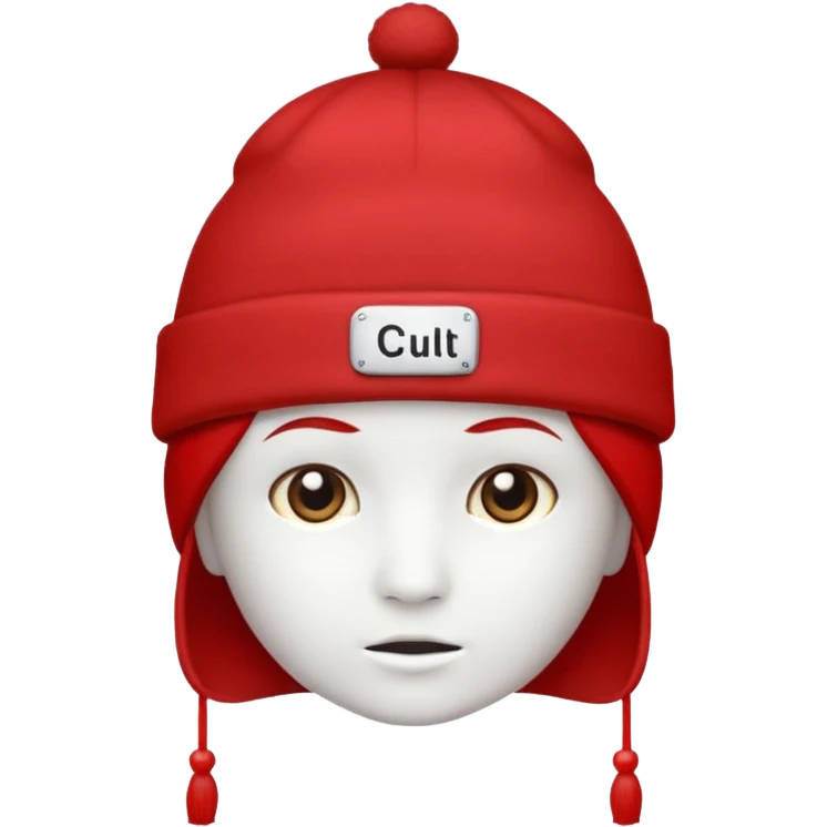 Red hat with no person in it that says "I AM IN A CULT" in white text emoji