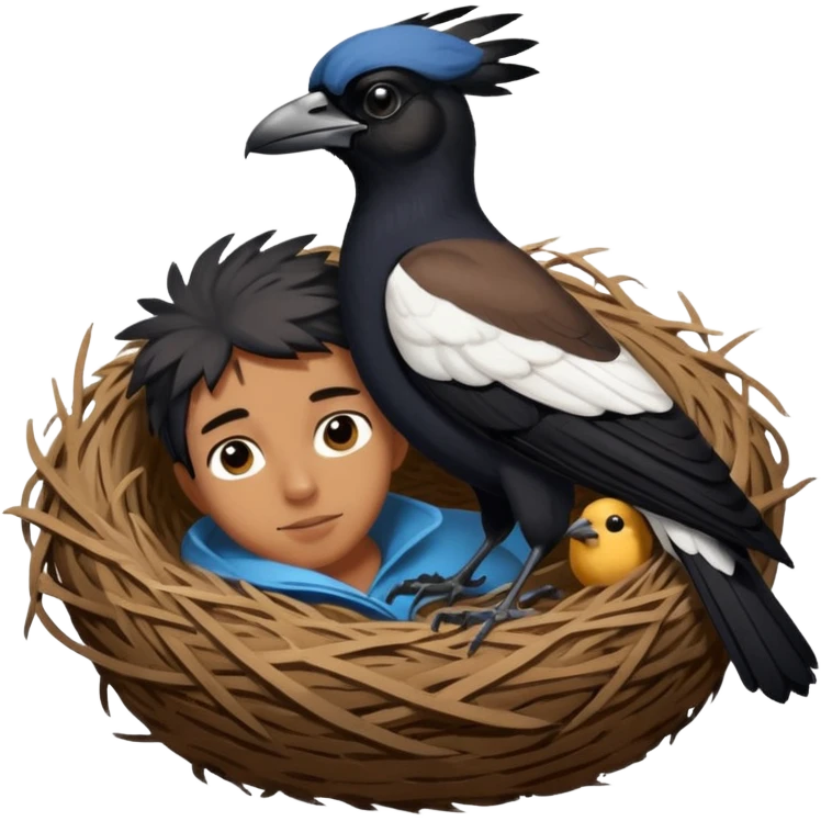 An Australian Magpie, birds nest that is located at the top of a man's head. emoji