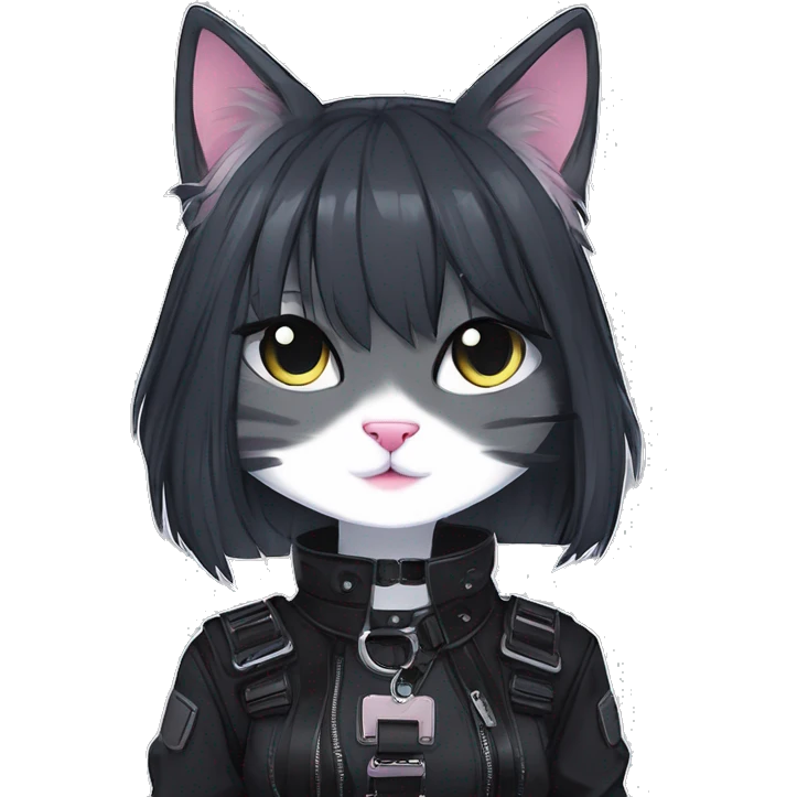 Gorgeous edgy epic punk gothic dark techwear anime style anthro cat with blushing face aesthetic and pretty edgy black with collar and harness trending style emoji