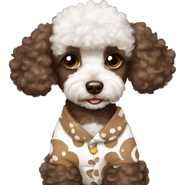 Chocolate brown and white toy poodle wearing pajamas emoji