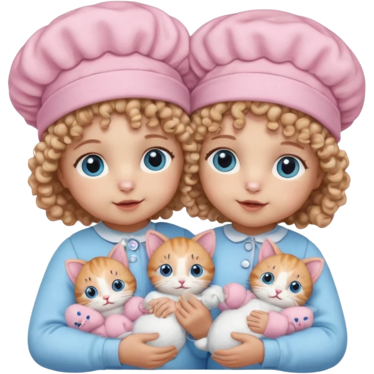 Curly hair baby twins with one wearing a baby pink bonnet and one wearing a baby blue bonnet while holding cat plushies emoji