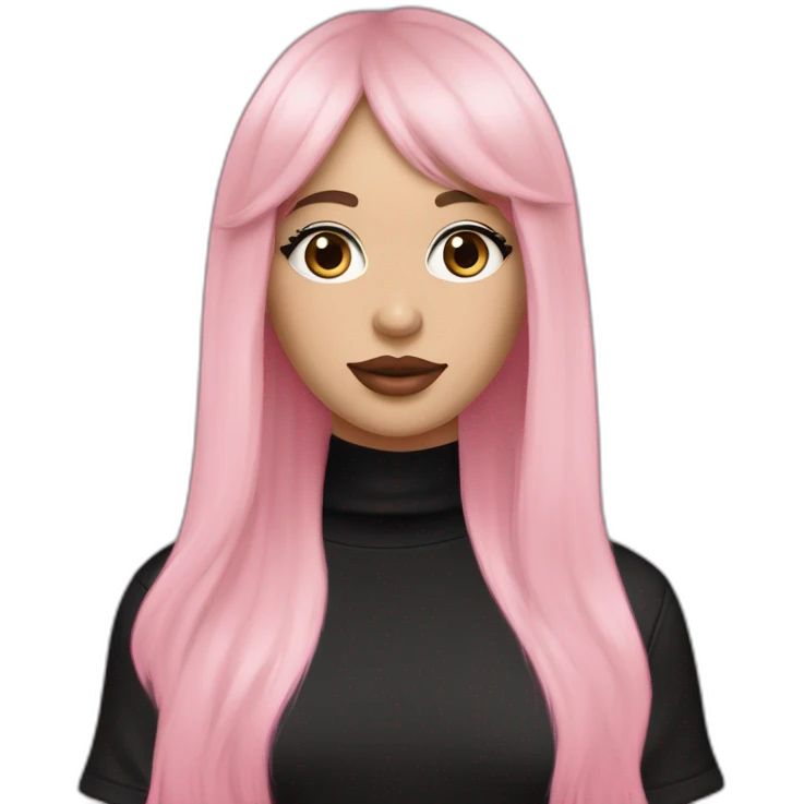 White women with strait dark brown hair with curtain bangs and long eyelashes brown eyes and pink cheeks with pink lips and dark brown eyebrows wearing a black oversized t-shirt emoji
