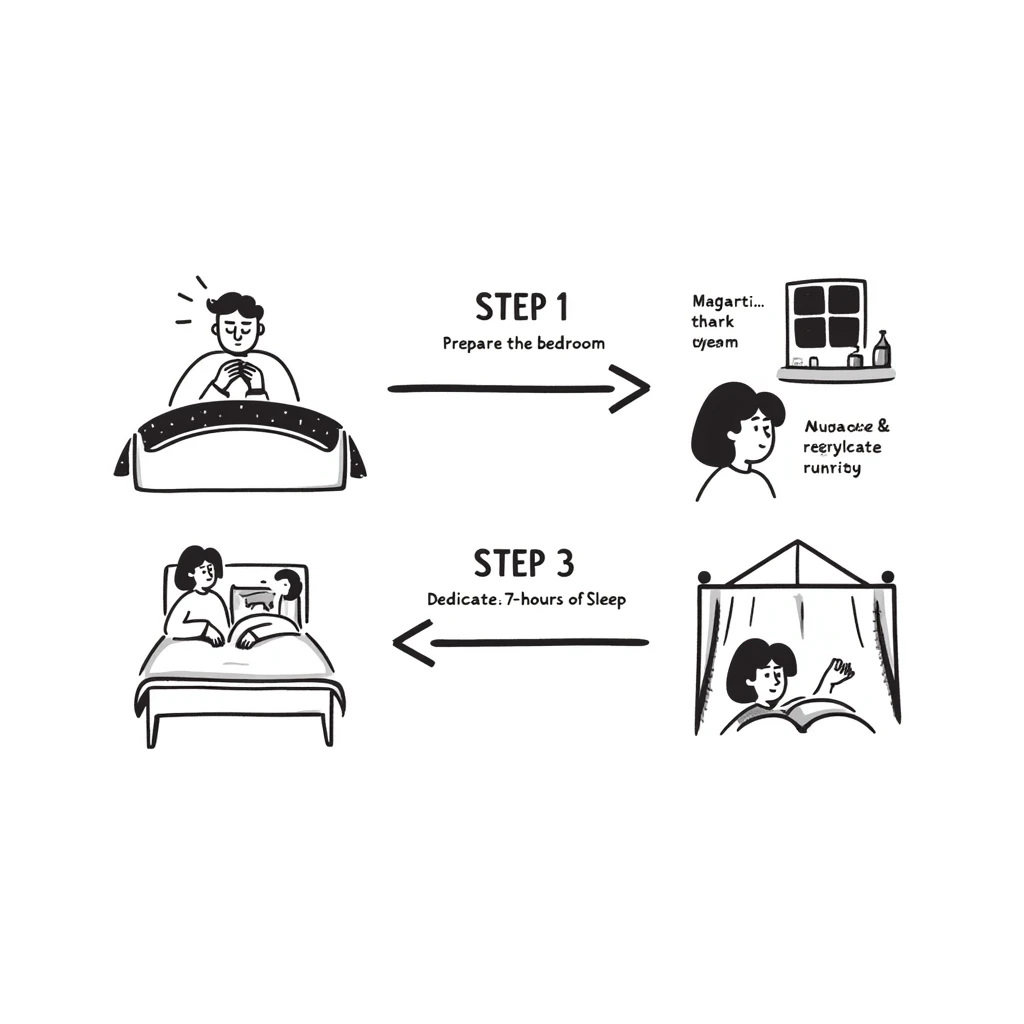 infographic with 3 connected tags by arrows indicating step 1, step 2, and step 3; step 1: prepare the bedroom (dark room, regulated humidity), step 2: take magnesium bisglycinate (before sleeping), step 3: dedicate 7-8 hours of sleep (serene environment); clear, modern, informative style emoji