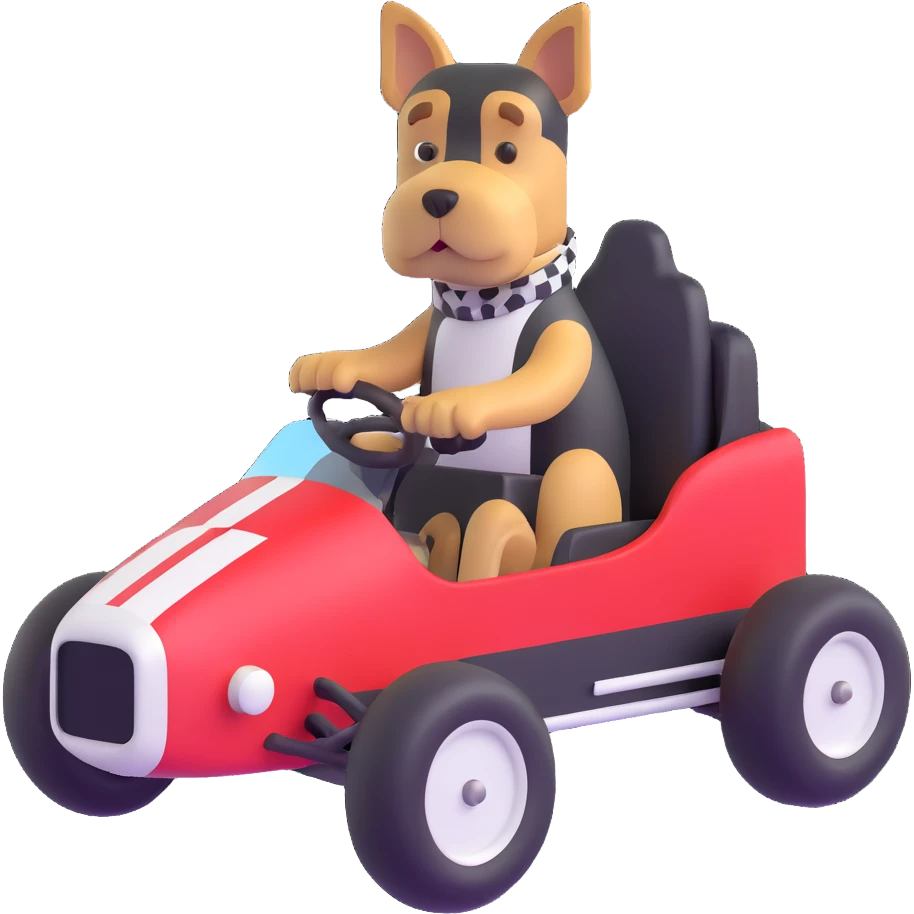 black and tan terrier driving a racecar emoji