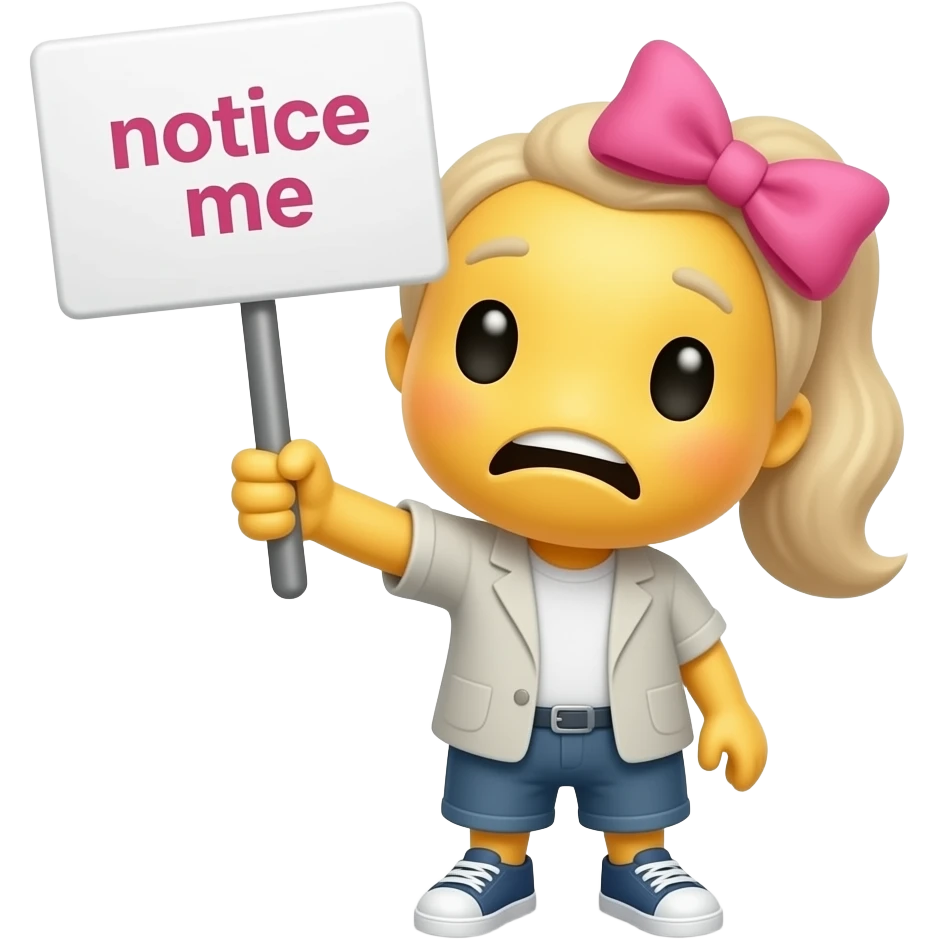 Yellow smiley with pink hairbow impatient holding up a sign that says "notice me" emoji