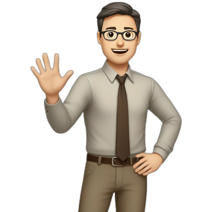 To belt Actively gesturing with hands Pale skinned fit man teacher with dark brown hair in gray jacket, beige office shirt, brown tie, brown pants and vintage glasses. emoji