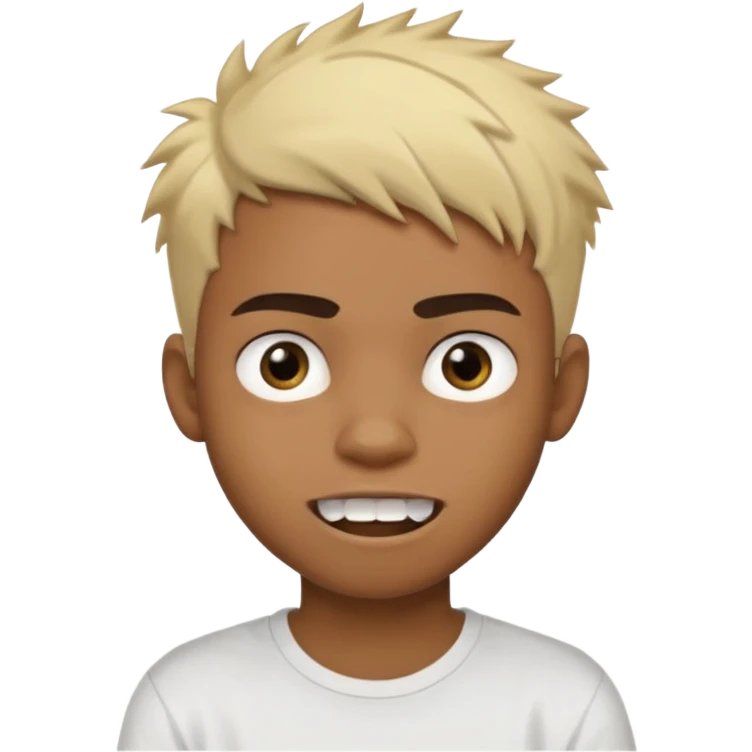 Black Male Teenager with Short punk messy blonde hair, Dark brown bushy eyebrows large expressive golden-brown eyes, wearing a plain white t-shirt, Dark Brown skin color. Fun teeth emoji