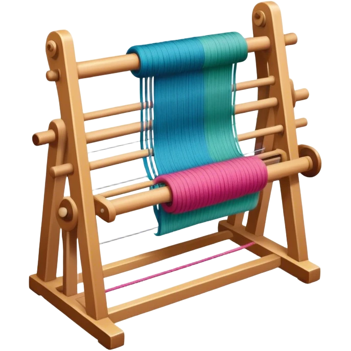 Weaving icon, loom with colorful fabric being woven, visible shuttle, spools of yarn, fabric swatches, sewing patterns, and finished clothes, minimalistic style, clean lines, transparent background. emoji