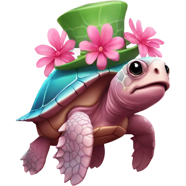 pink sea turtle with a flower hat emoji