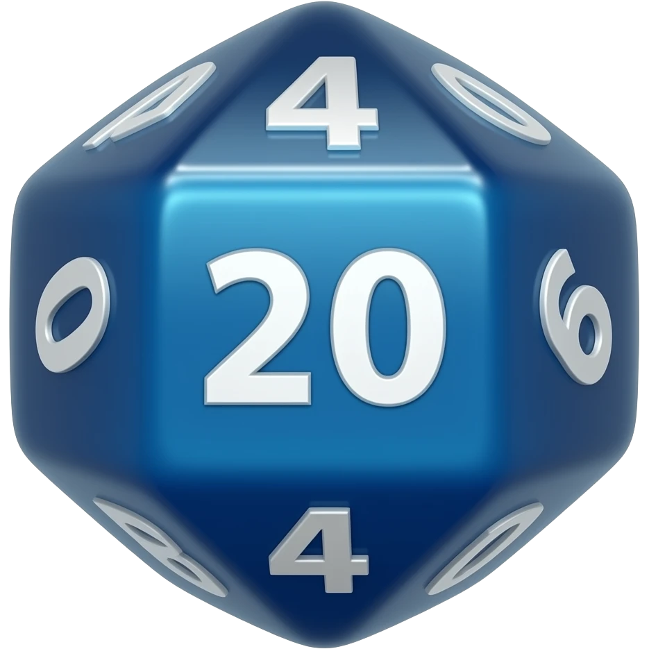 A single polished blue d20 (twenty-sided die) showing the number 20 on its face, fantasy RPG style, slight metallic sheen, dramatic lighting from above, transparent background, digital game icon style, clean and simple emoji