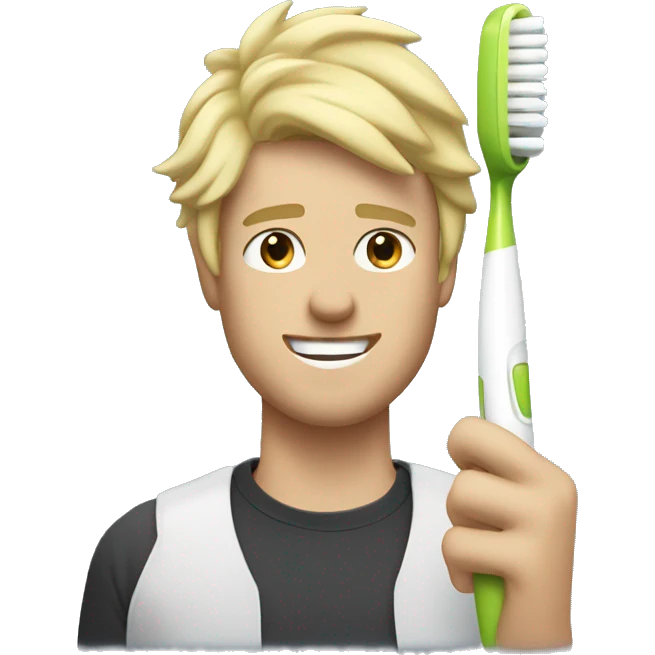 Blonde guy with edgar cut, holding a toothbrush like a microphone emoji