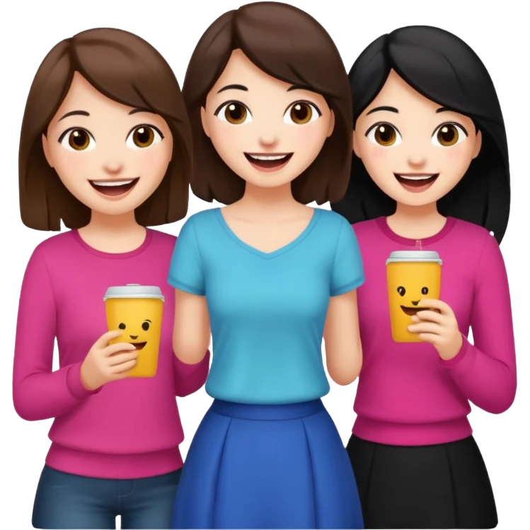 3 brown friends having fun, one with black hair, 2 with brown hair, girly style emoji