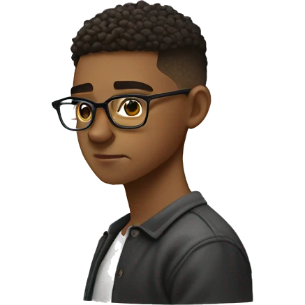 a kid with high taper fade mid hair, round glasses, looking down to his study boo emoji