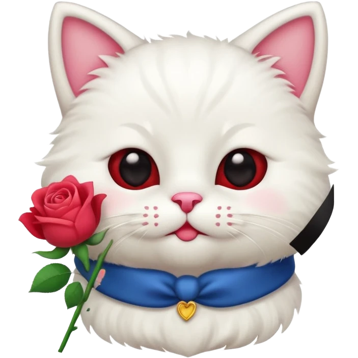 Cute emoji-style white cat holding a red rose in its mouth, big round eyes, fluffy fur, clean mascot style, centered, transparent background, 1:1 ratio. emoji