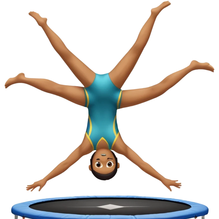 An athletic person soaring high above a trampoline, executing an acrobatic flip with perfect form. The scene captures motion and energy, with a dynamic pose, stretched limbs, and a focused expression. The background suggests a professional trampoline arena with safety padding. emoji