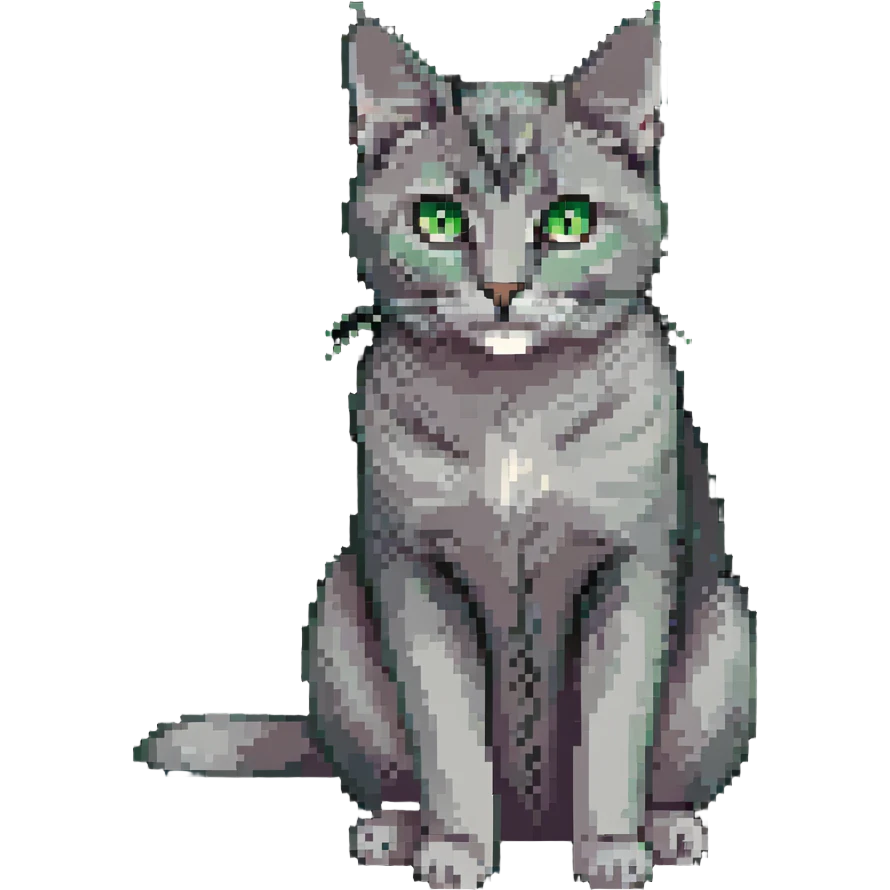 Elegant gray cat with smooth fur, large green eyes, serene expression, sitting facing camera emoji