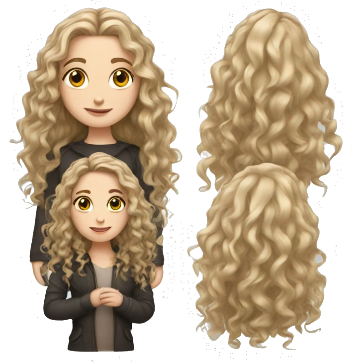 White girl with long curly hair and dark brown emoji