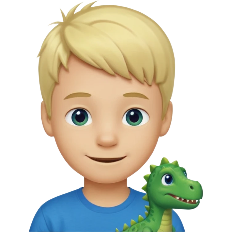 A smiling blond boy with blue eyes wearing a green dinosaur T-shirt emoji