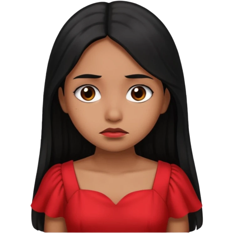 Brown girl long black hair, sad face and red dress emoji
