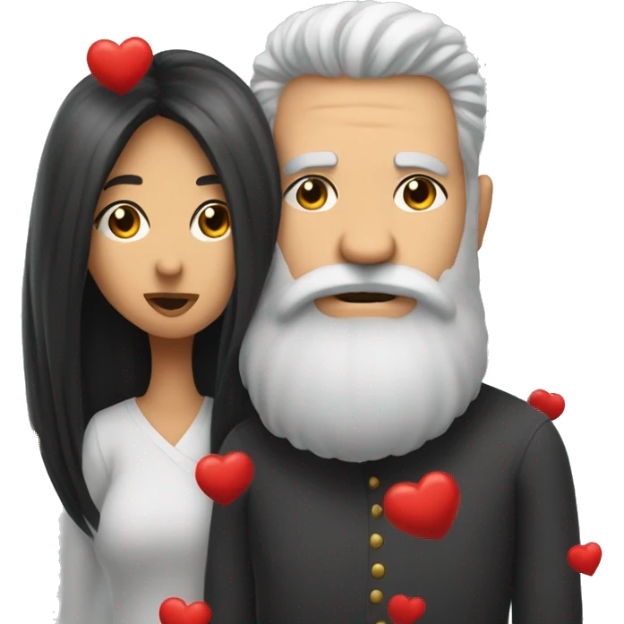 Red hearts are flying and Bald and gray beard man kisses from lips of  long black hair white woman emoji