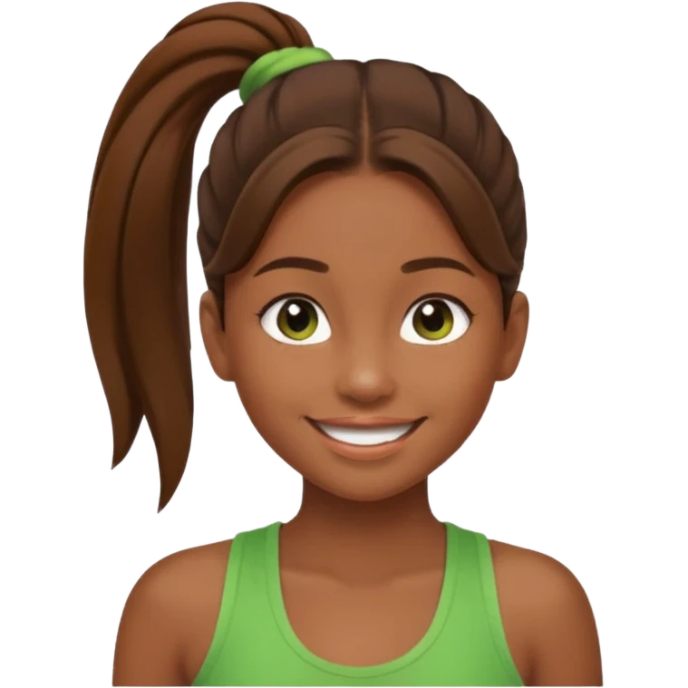 Девушка с хвостом, коричневые волосы и две пряди у лица, в зеленой майке радуется emoji