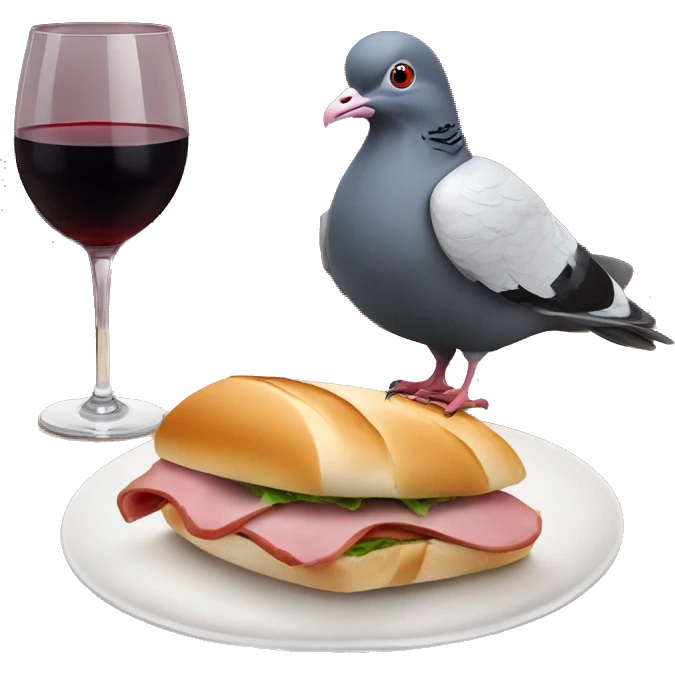Pigeon with a PSG football club hat enjoying a red wine glass and lying on a ham and butter baguette sandwich emoji