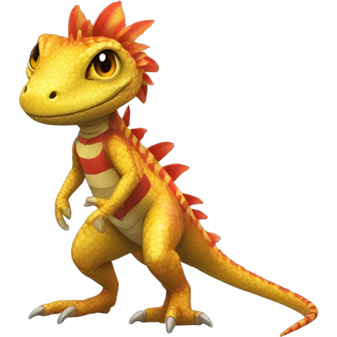 A Yellow Shiny Anthro-Scalie-Lizard-Reptile-Salamandrian-Fakémon with red stripes and orange frills Full Body emoji
