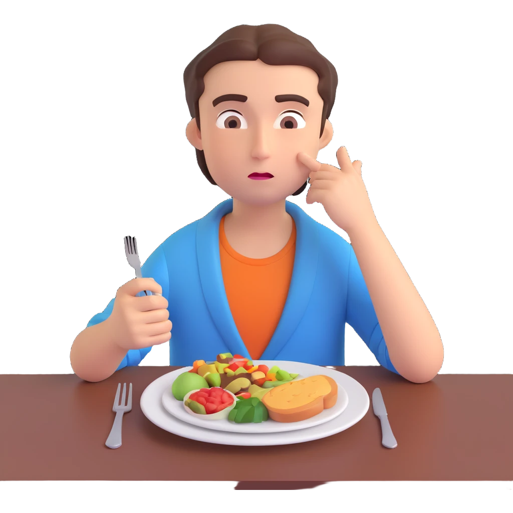 a person sitting at a table with a plate of food, looking hesitant, one eyebrow raised, no background emoji