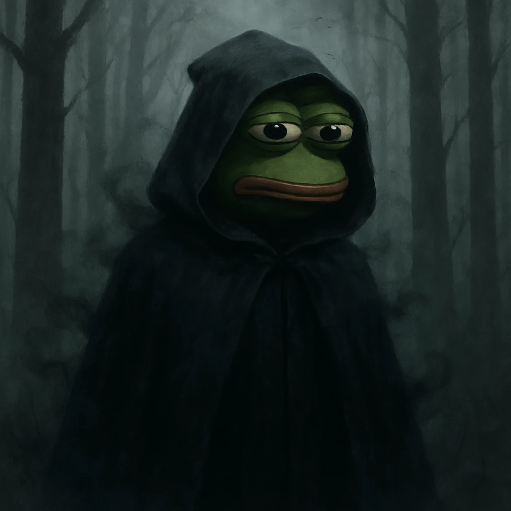 Пэпэ with a dark cloak and a mysterious aura, standing in a foggy forest emoji