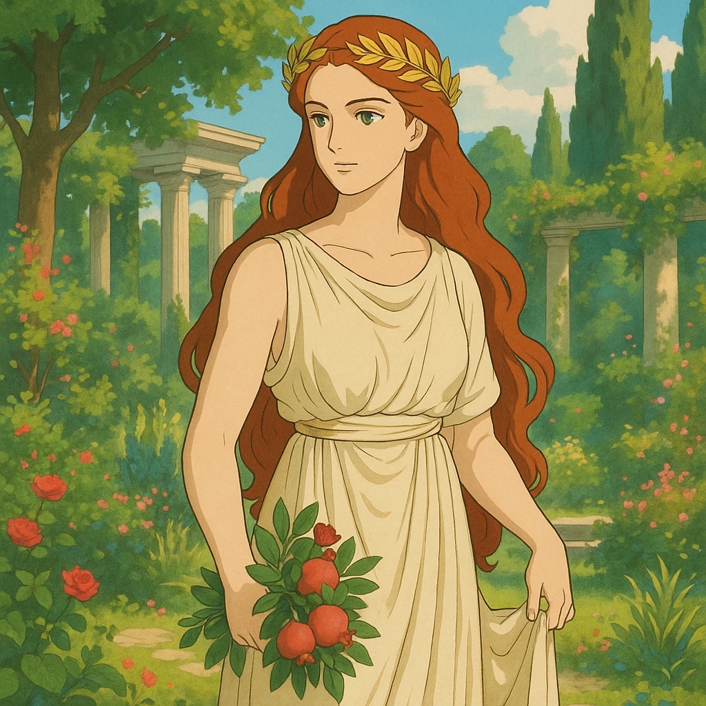 Persephone as a red-haired goddess, in a lush garden, classical Greek style, serene and powerful emoji