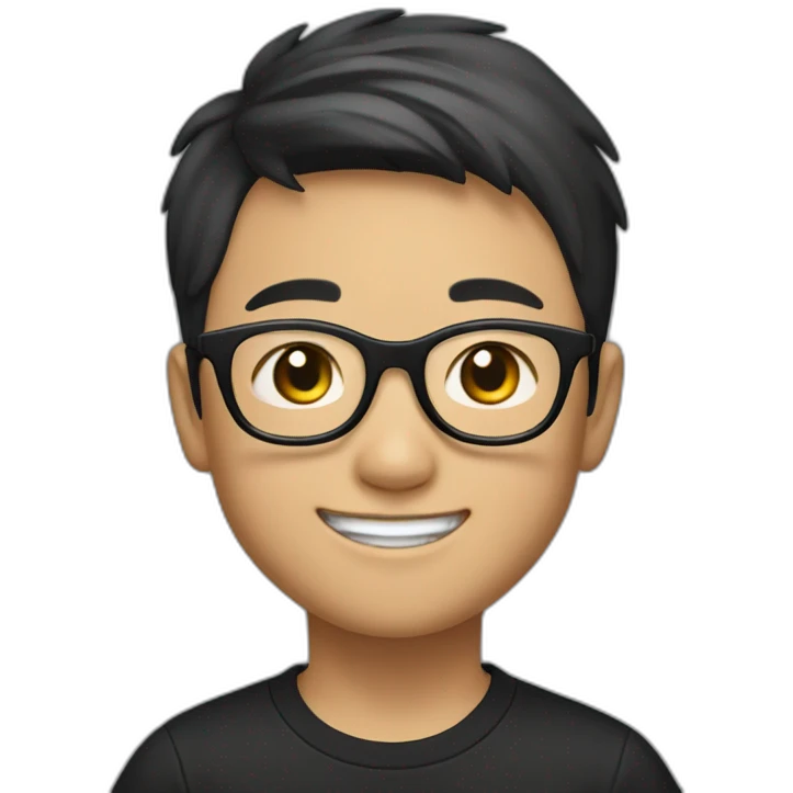 The young Chinese boy smiled with short hair, black-rimmed glasses and a black T-shirt. emoji