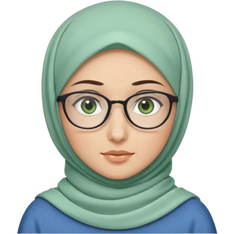 A hijabi girl, with Green eyes and glasses, white Skin with white hijab and a blue Long Shirt emoji