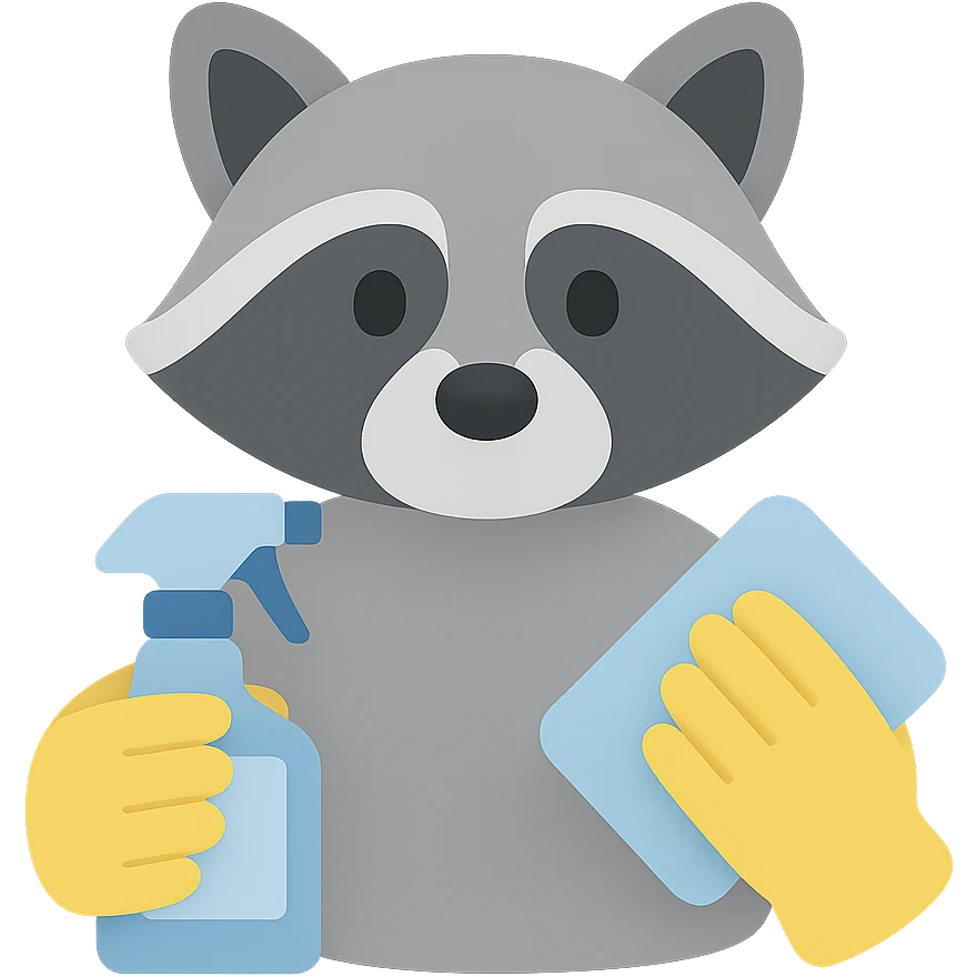 a raccoon with a cleaning spray and cloth, wearing gloves, modern flat color style emoji
