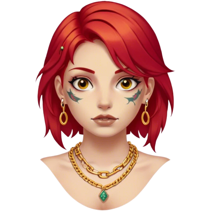 Red hair girl with tattoos on face, gold chain around neck emoji