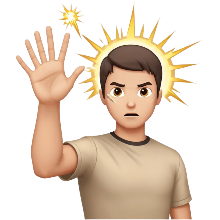person aiming open palm hand at viewer, hand takes up most of the image, wrathful destructive facial expression, lightning blasts in background emoji