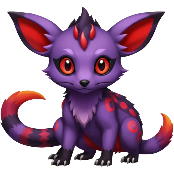 Rare exotic cute epic aesthetic gothic colorful Salandit-Eevee-Civet-species-Fakemon-hybrid-creature, with markings, full body emoji