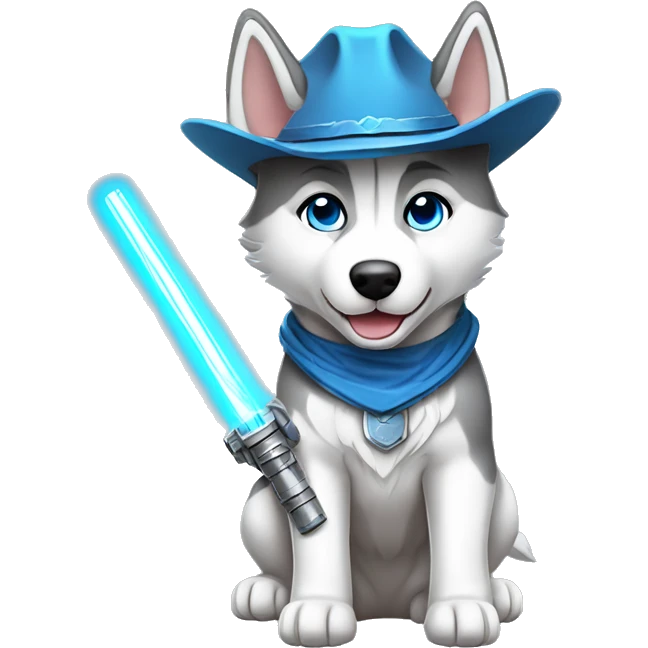 Gray Siberian Husky with blue eyes puppy wearing a cowboy hat dressed in Jedi clothing Holding a Lightsaber with the Paw emoji