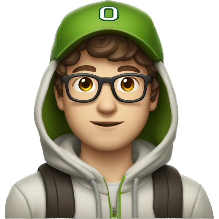 jeremy allen white with brown hair, glasses, and a university of Oregon baseball hat, and a hoodie, and fair skin  emoji