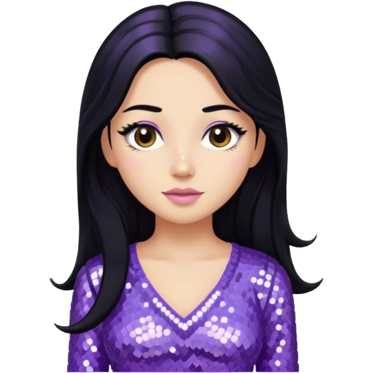Esther from The Bible with long black hair, lavender sequin outfit emoji