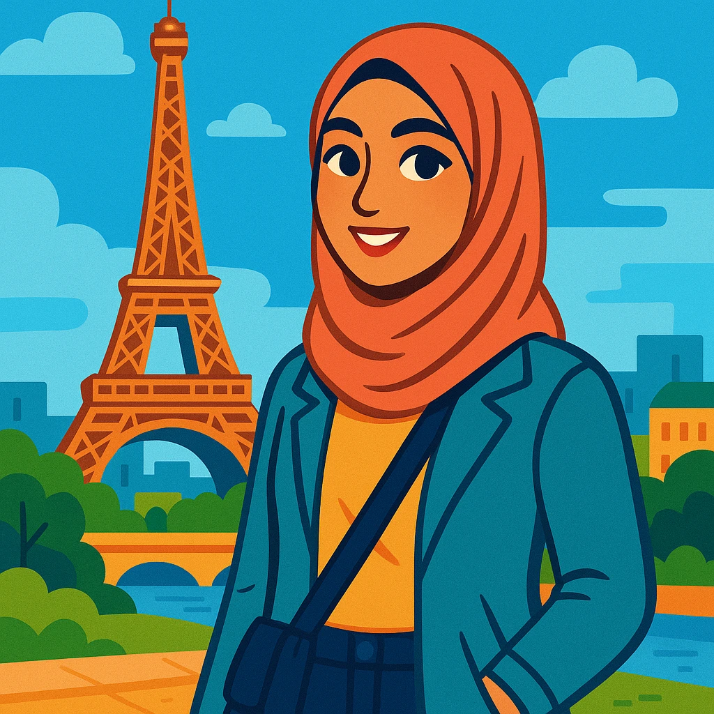 A hijabi woman standing in front of the Eiffel Tower, Paris, wearing a stylish hijab and modern clothes, city background, vibrant and welcoming style. emoji