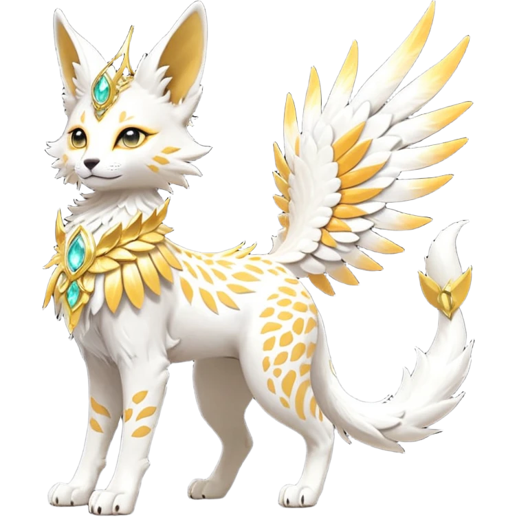 Epic complex fantasy glorious detailed futuristic divine godly angelic feathery sunny, white, albino, pastel, golden, orange glowing sparkly, realistic Fakémon-Sprigatito-Floragato-Meowscarada-Trico-Sergal-Serval-Solgaleo-Vernid-creature (full body) solarpunk, shiny sparkly with a gold laurel emoji